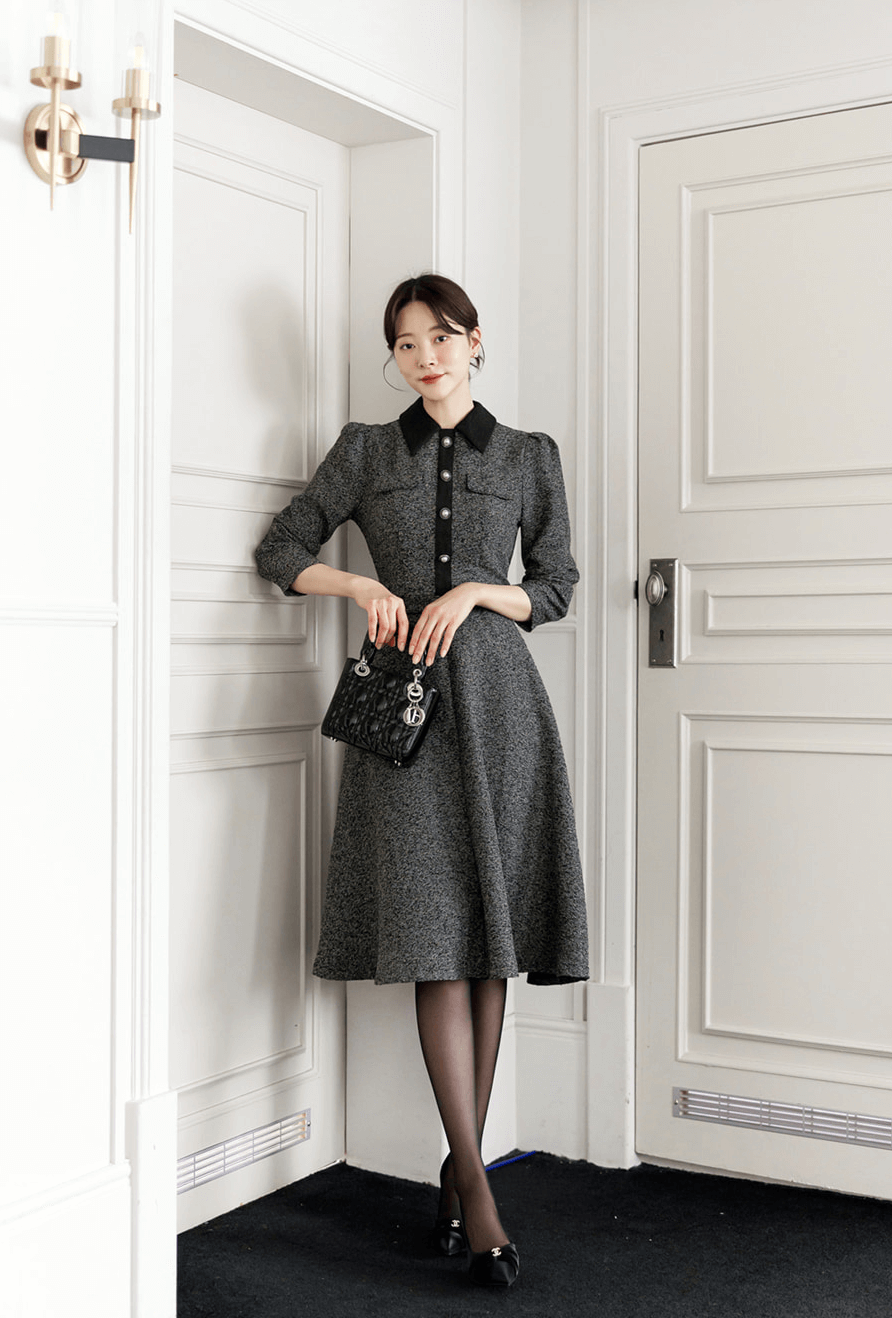 Classic Collar Elegant Tweed Dress with Belt