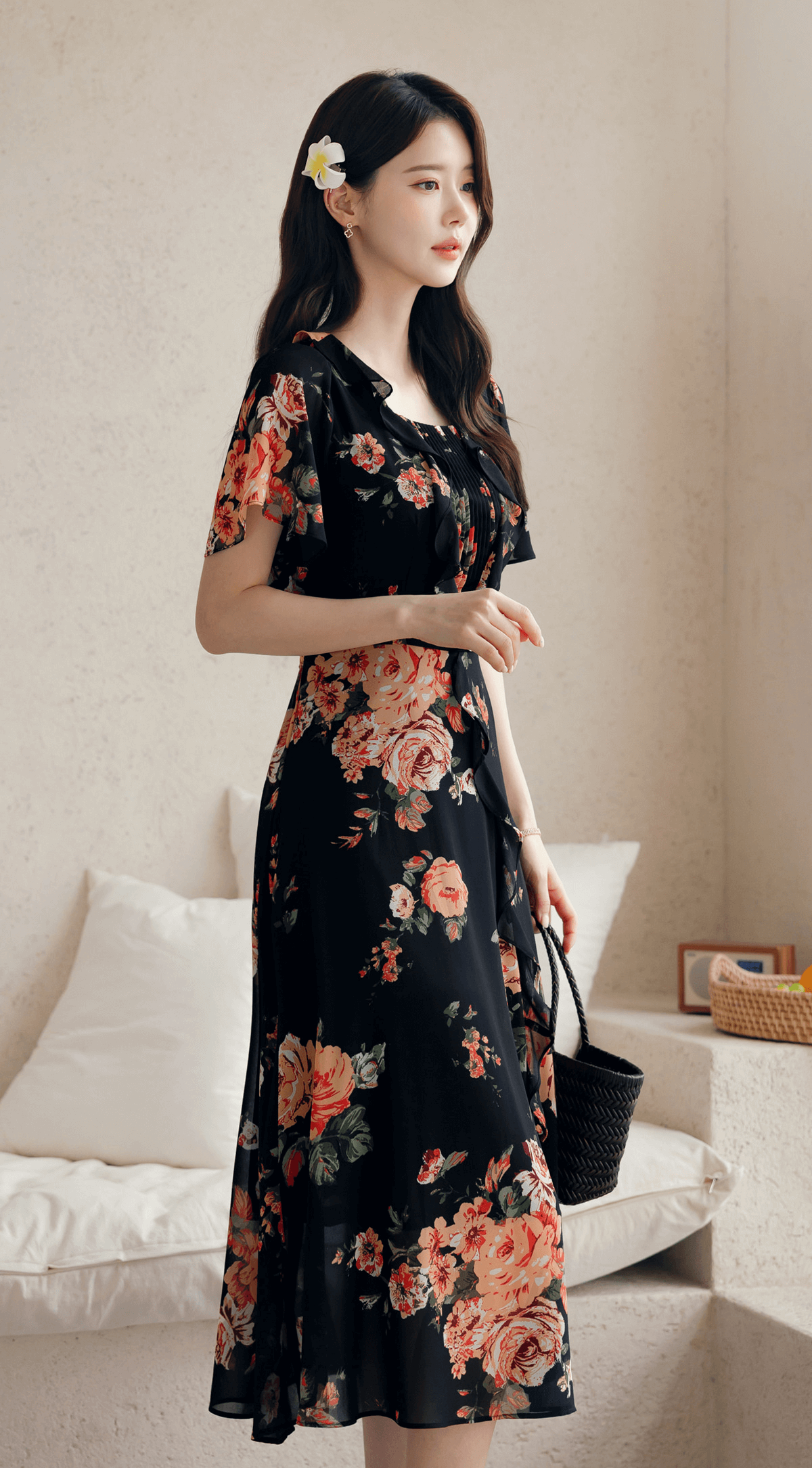 Woman wearing floral chiffon dress with sheer wing sleeves and square neckline, holding basket in cozy room.