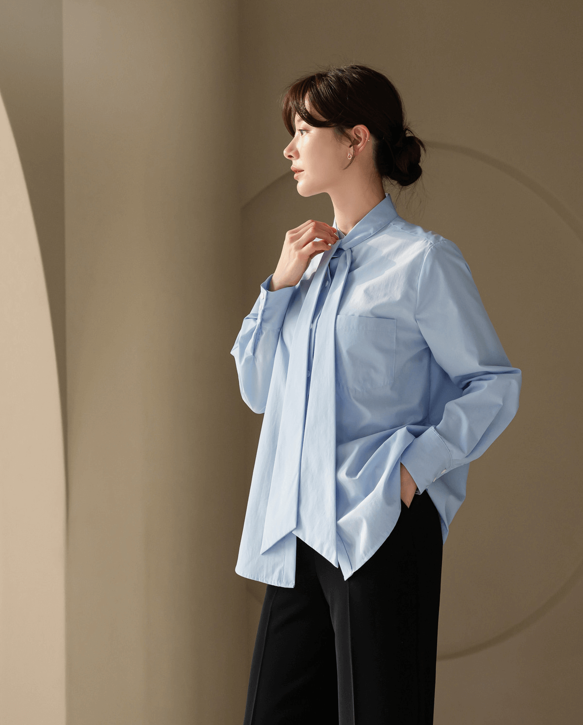 Elegant Tie-Neck Blouse with Puff Sleeves
