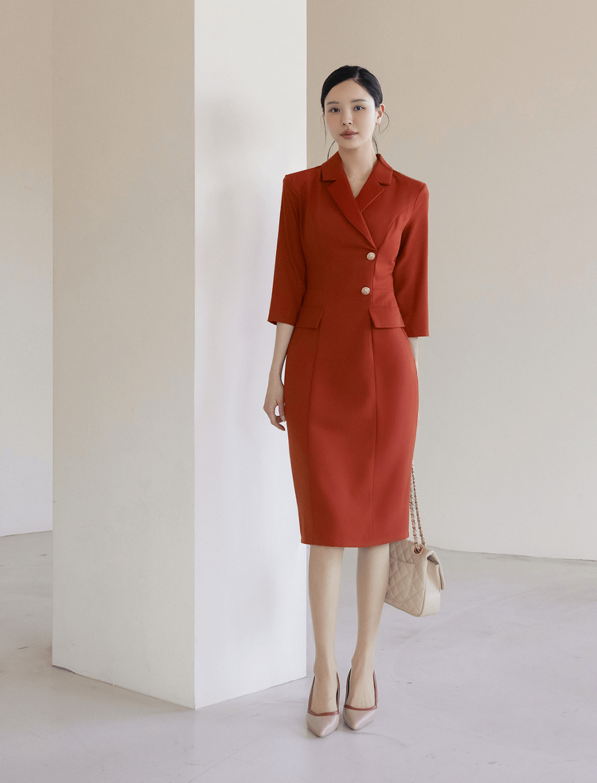 Elegant High-Waist Dress with Gold Button Accents