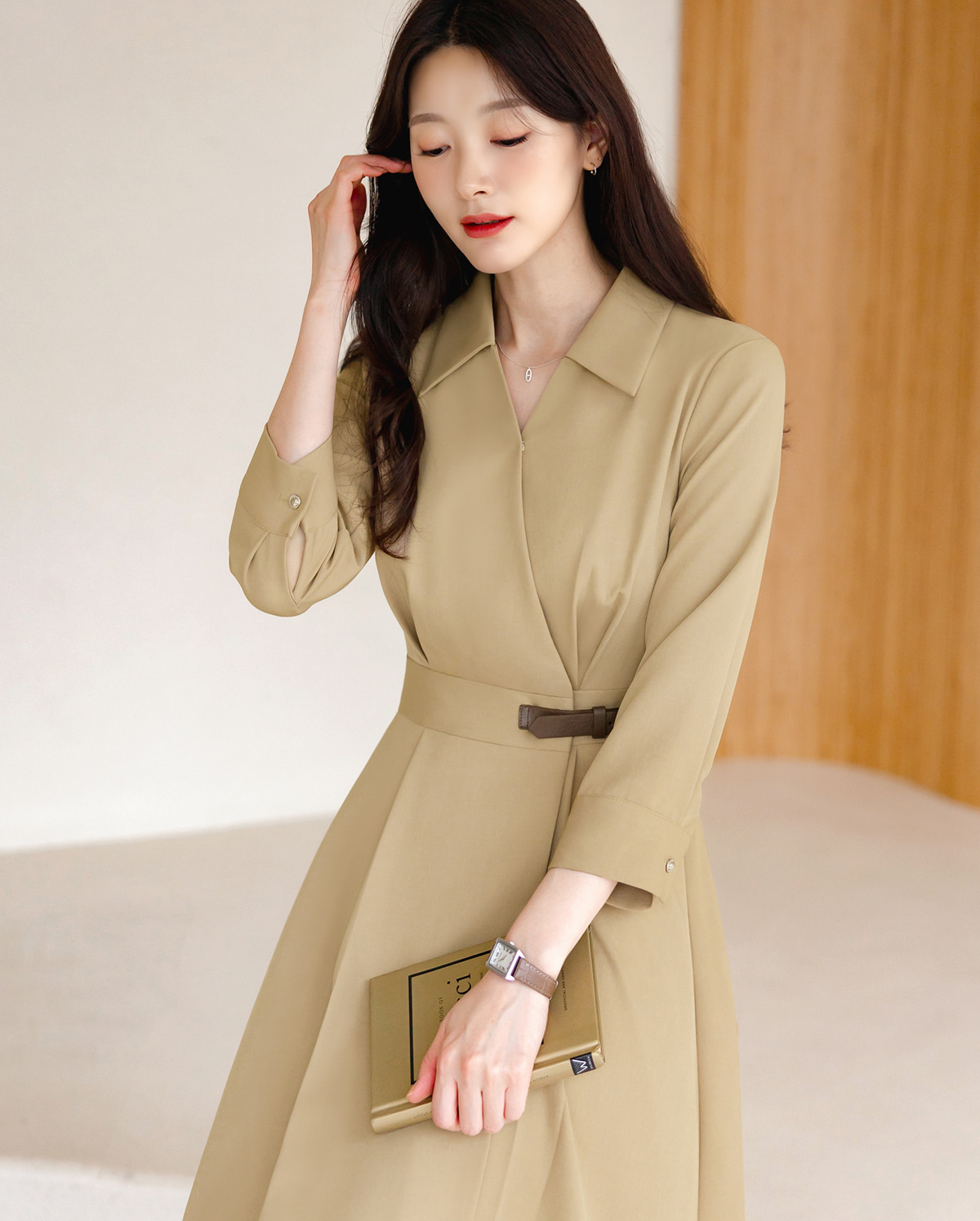 Flare Midi Dress with Collar Wrap Design and Side Mini Belt – Elegant Fit with Back Elastic Band