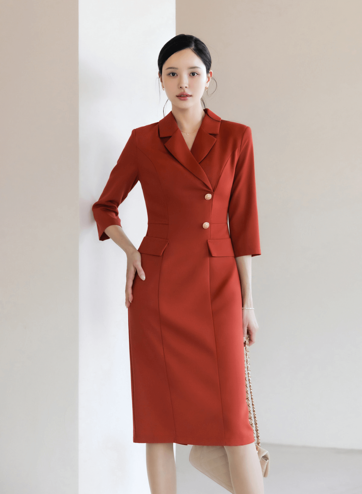 Elegant High-Waist Dress with Gold Button Accents