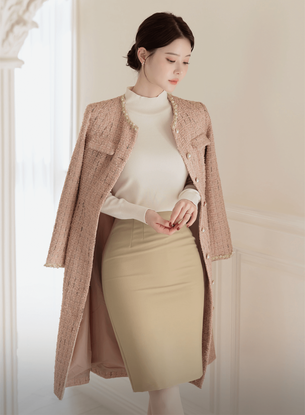 Elegant Long Tweed Jacket with Pearl Trimming