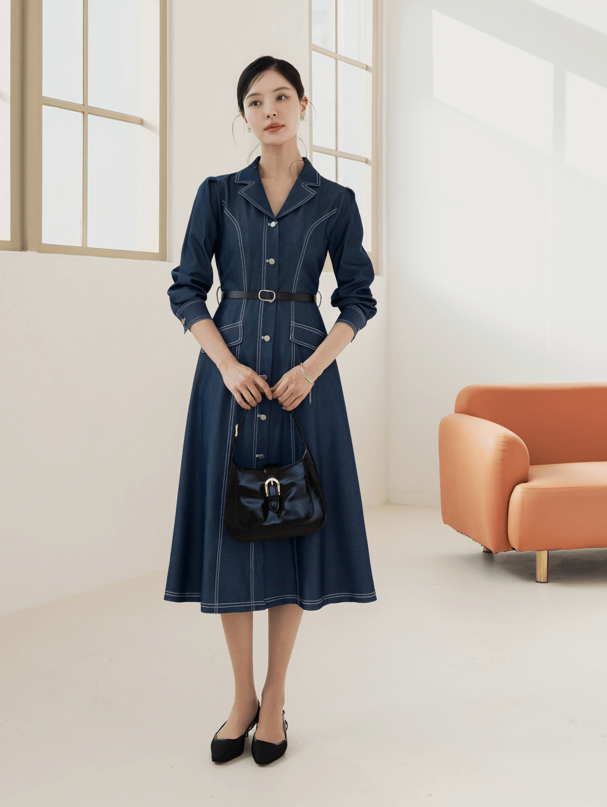 Chic Contrast-Stitch Denim Shirt Dress