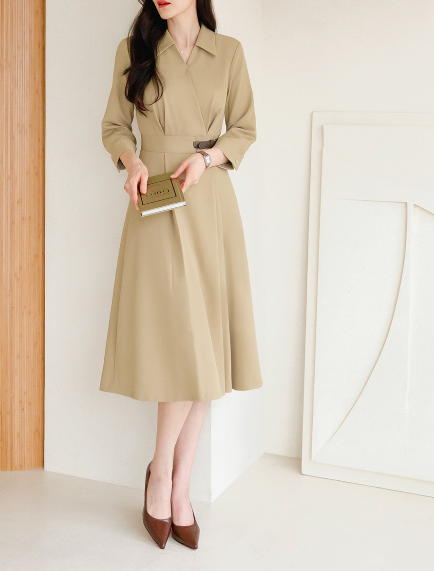 Flare Midi Dress with Collar Wrap Design and Side Mini Belt – Elegant Fit with Back Elastic Band