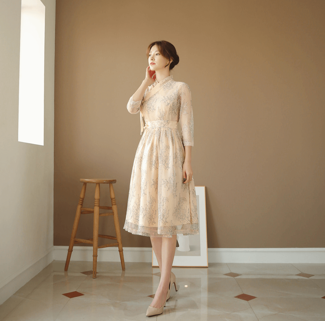 Feminine Floral Lace Modern Hanbok Wrap Dress