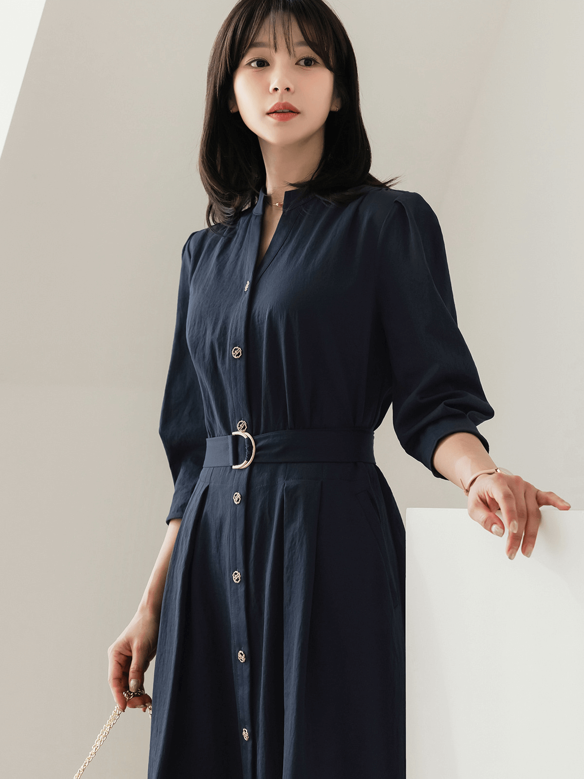Elegant Puff-Sleeve Shirt Dress with Belt