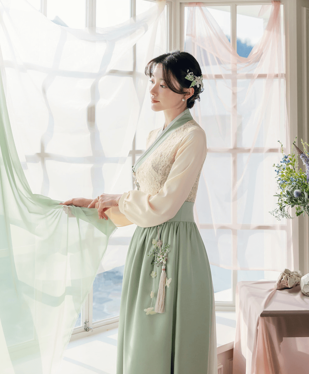 Floral Lace Wrap Modern Hanbok Dress in Green and Blue