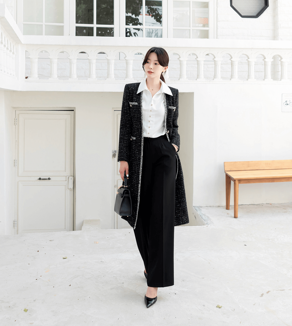 V-neck Fringe Trimming Long Tweed Jacket