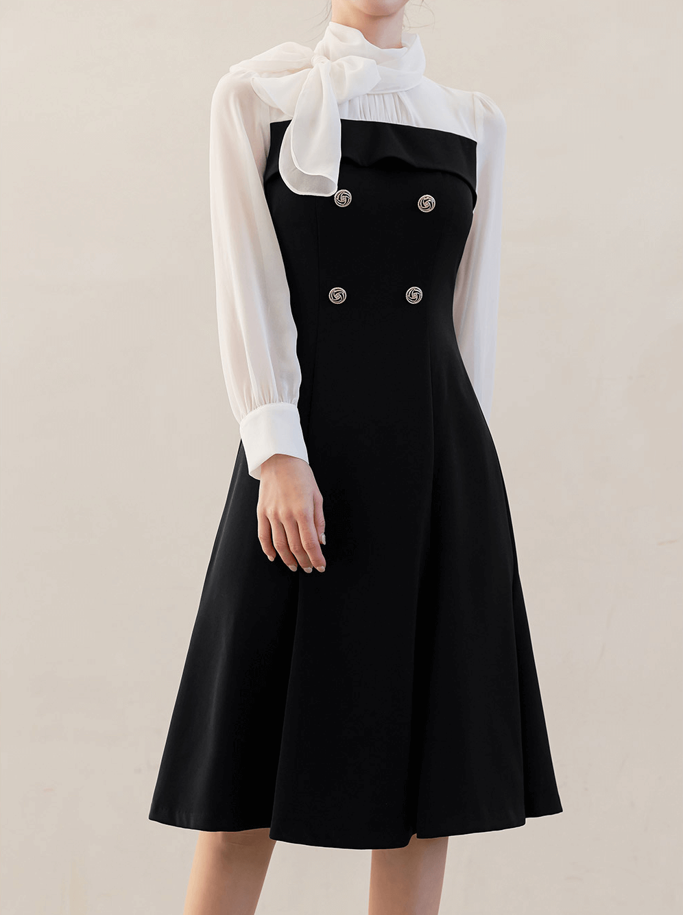 Elegant Layered Look with a Feminine Touch Chiffon Tie-Neck Flare Dress