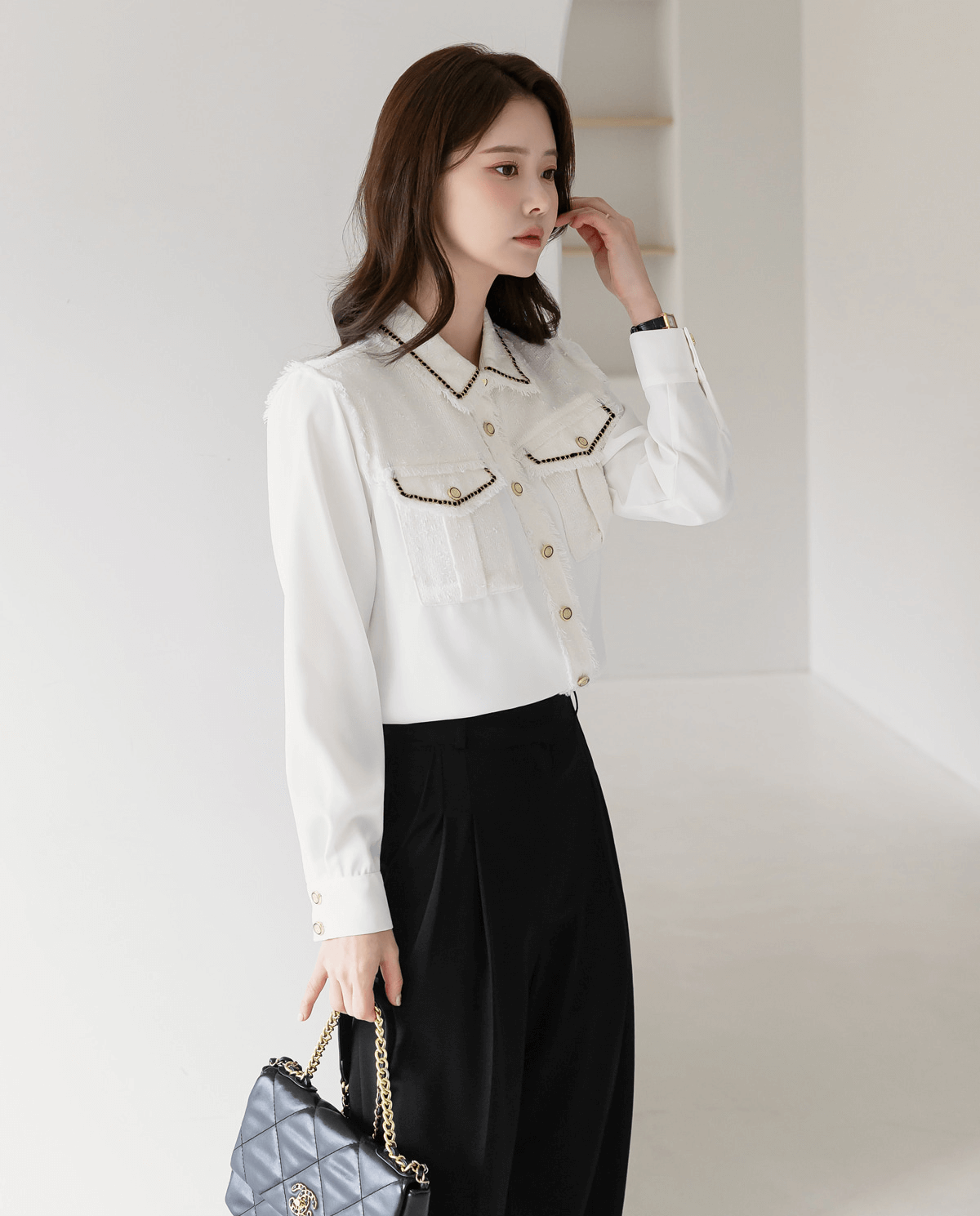 Chic Tweed Blouse with Unique Accents