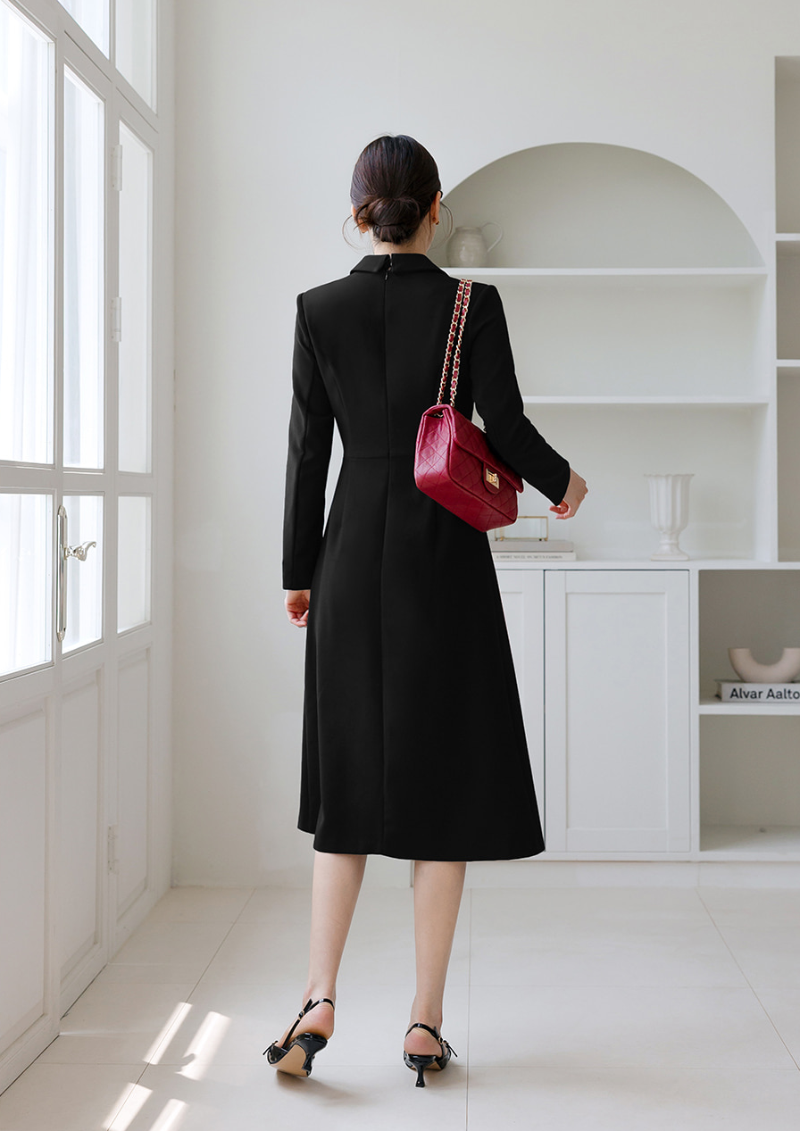 Half Pleated Midi Dress with Waist Button Detail – Elegant Korean Formal Dress for Special Occasions