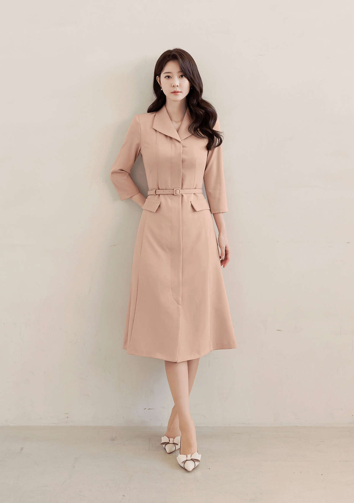 Flap-Pocket Belted Dress with Modern Sophistication