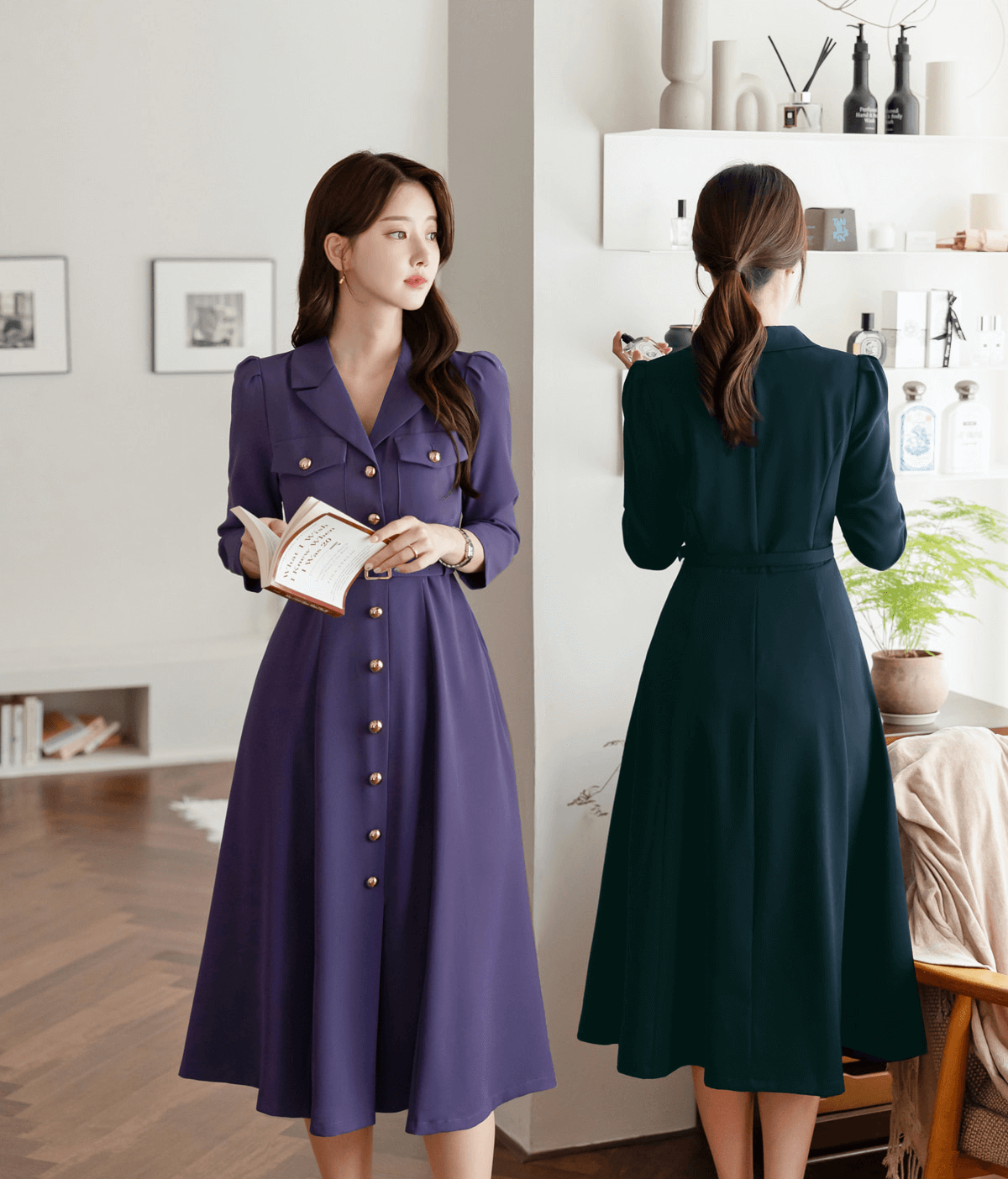 Bold Button Belted Flare Dress with Dual Pockets