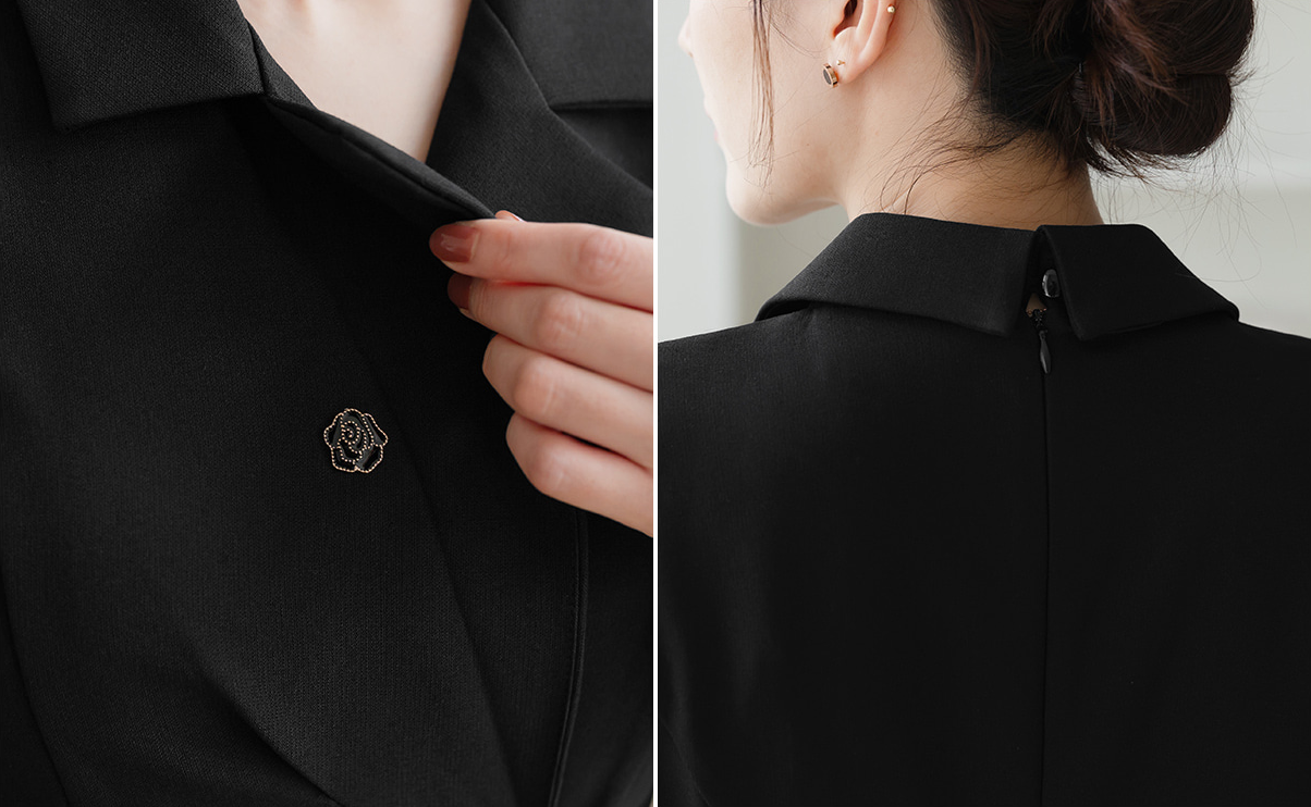 Half Pleated Midi Dress with Waist Button Detail – Elegant Korean Formal Dress for Special Occasions