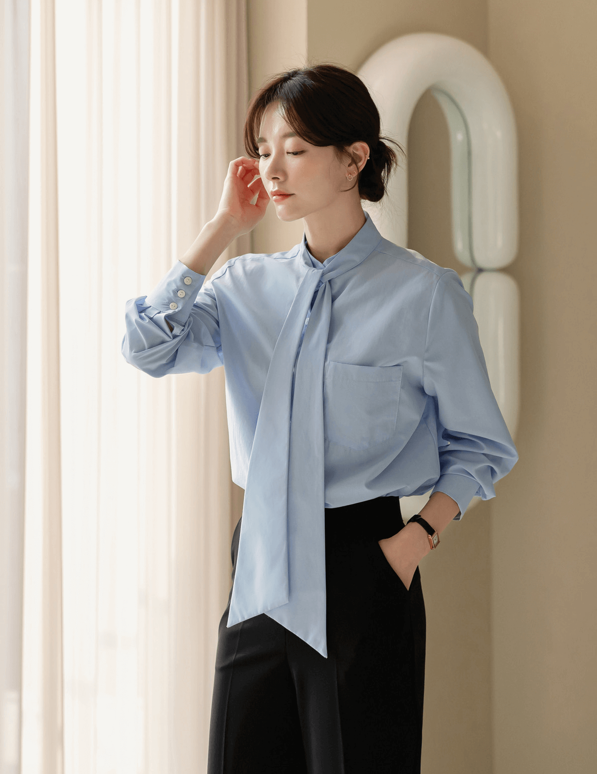 Elegant Tie-Neck Blouse with Puff Sleeves
