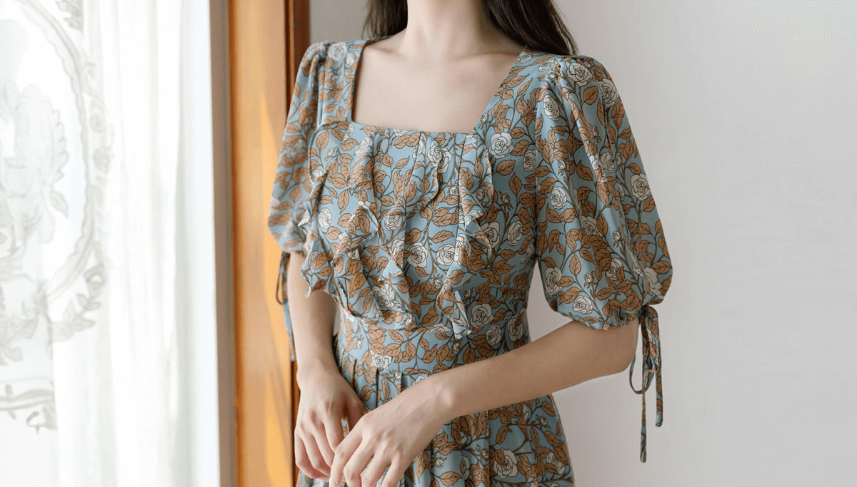 Woman wearing a pleated dress with floral pattern, square neckline, and ribbon-tied slit sleeves, standing by a window.
