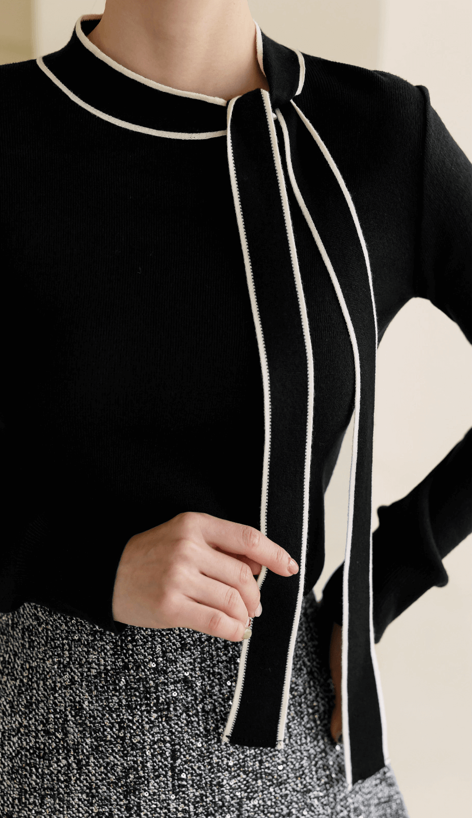 Ribbon-Accent Knit with Contrast Details