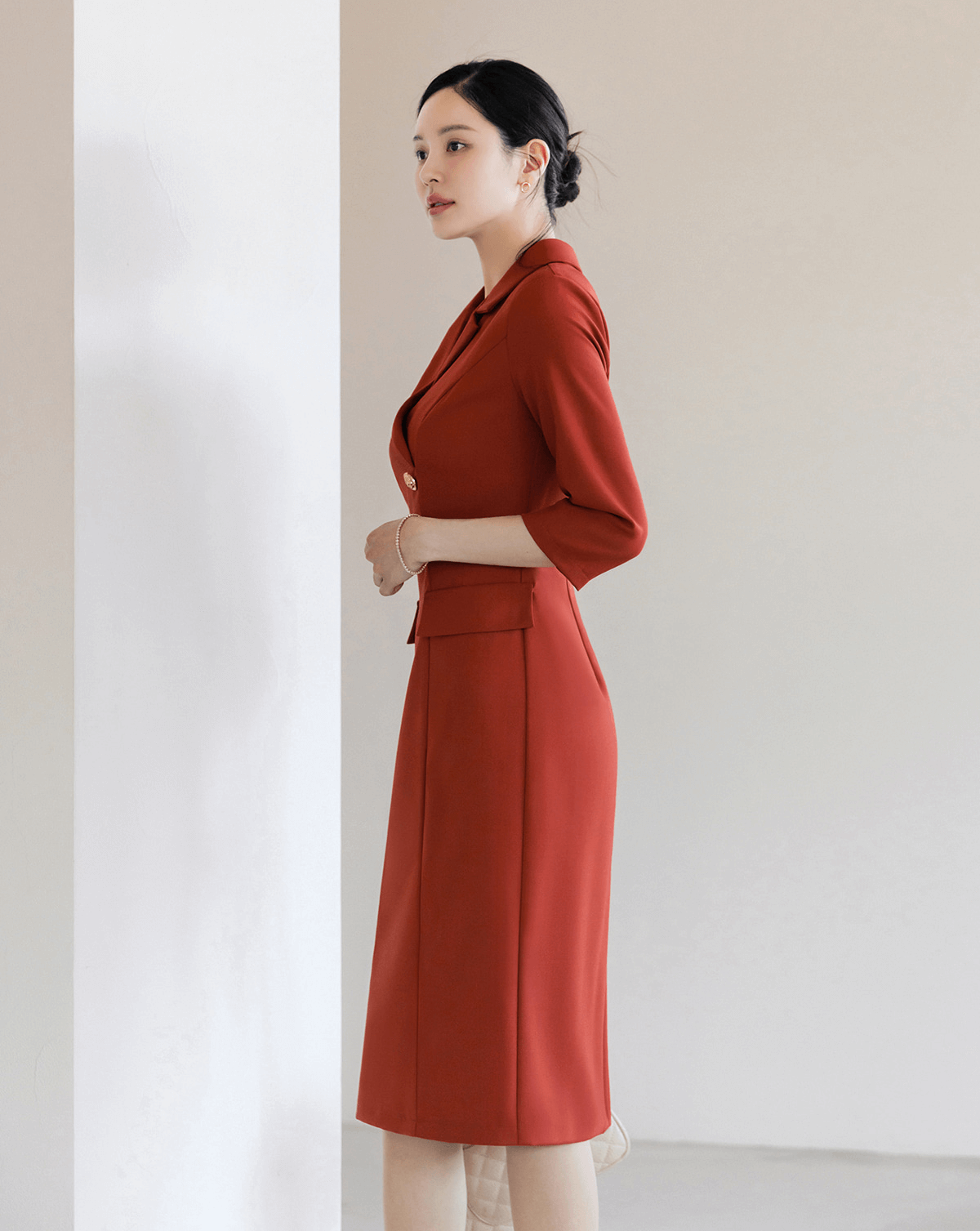 Elegant High-Waist Dress with Gold Button Accents