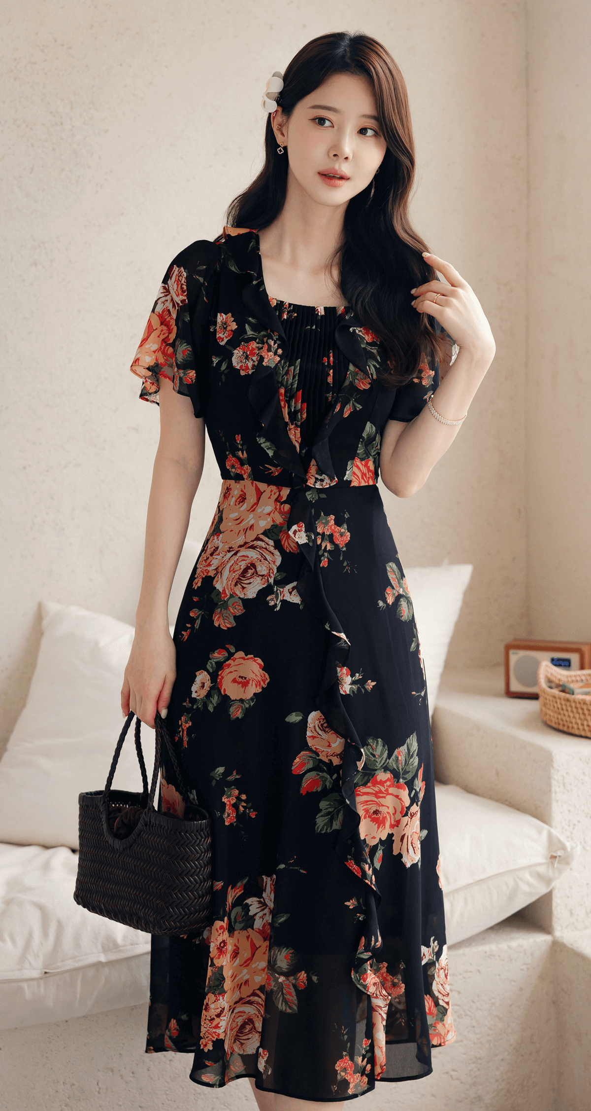 Model wearing floral chiffon dress with sheer wing sleeves and square neckline, in black with flower pattern, holding a handbag.