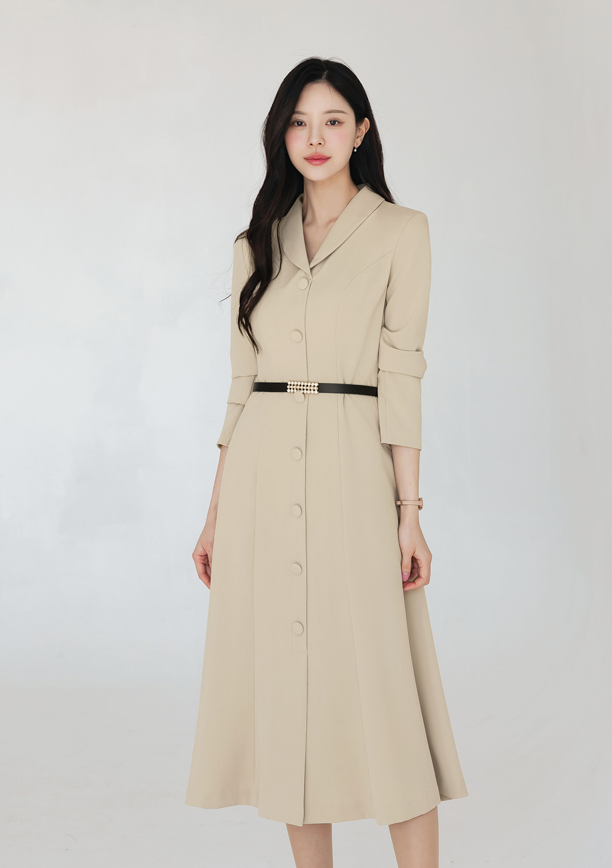 Shawl Collar Flare Midi Dress with Waist Belt – Elegant Dress for Special Occasions