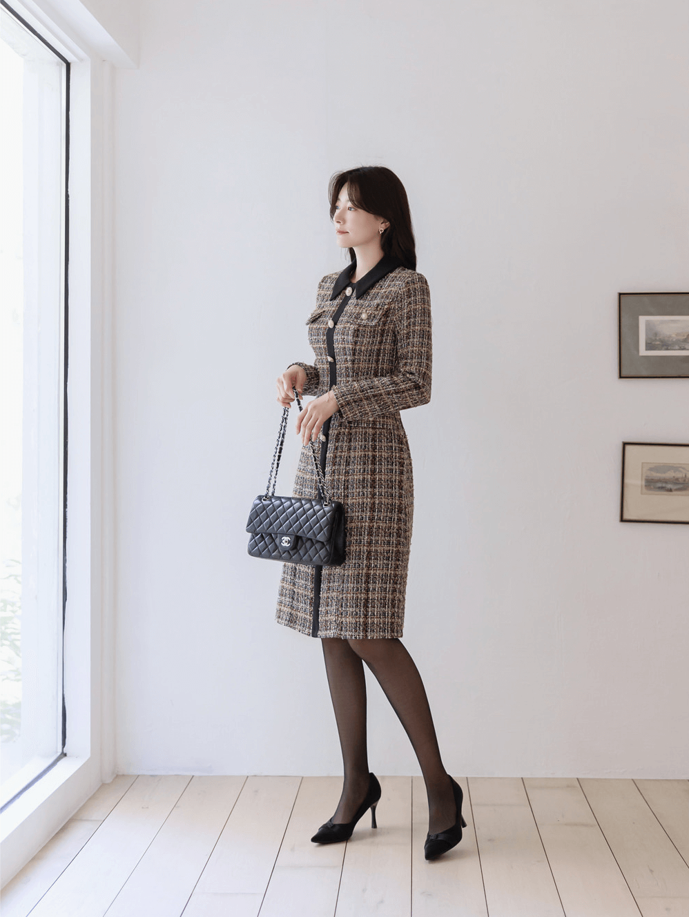 Brown Tweed Fringe Dress with Black Contrast Details