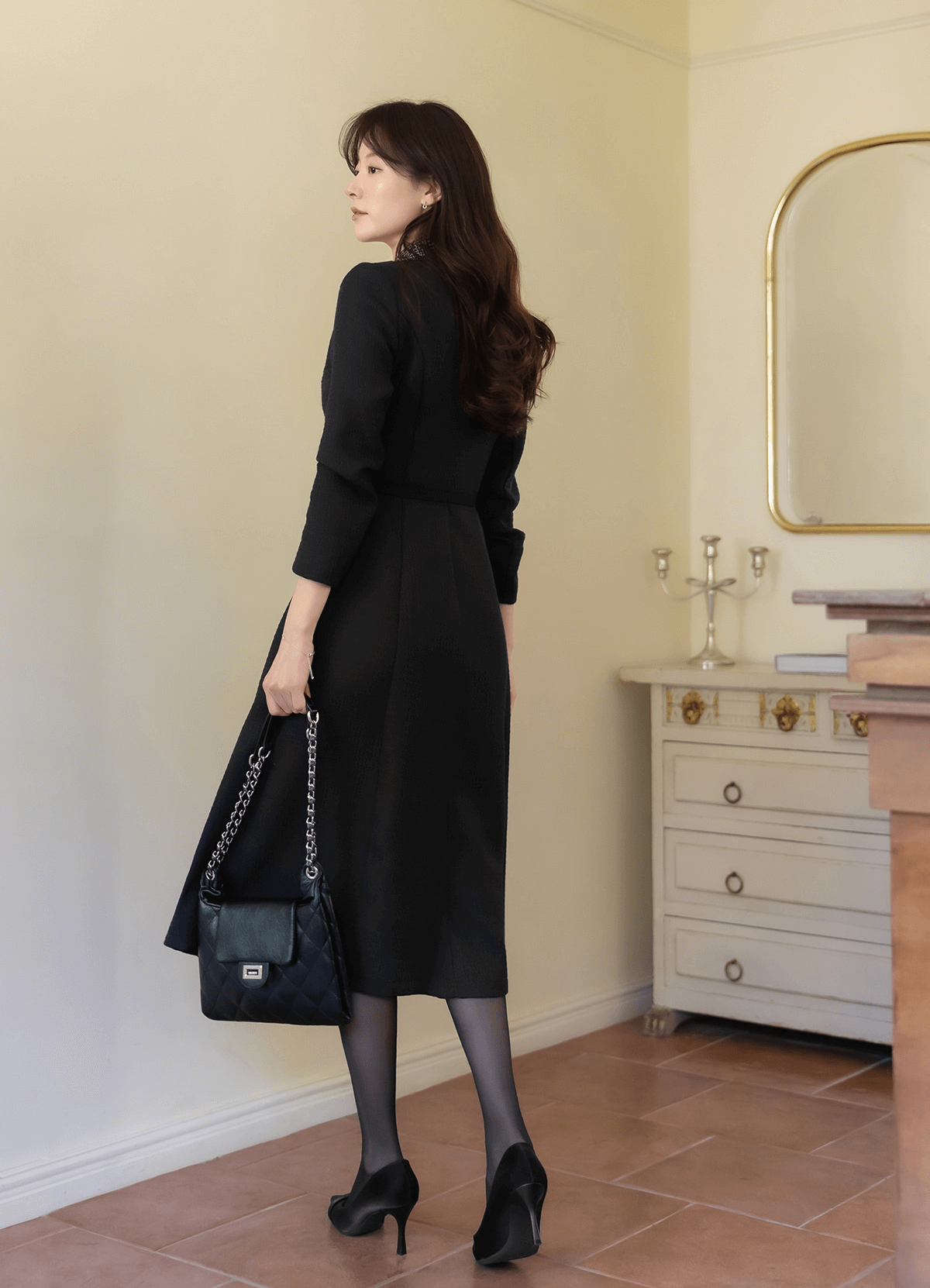 Modern Tweed Collar Belted Dress with Sophisticated Flair