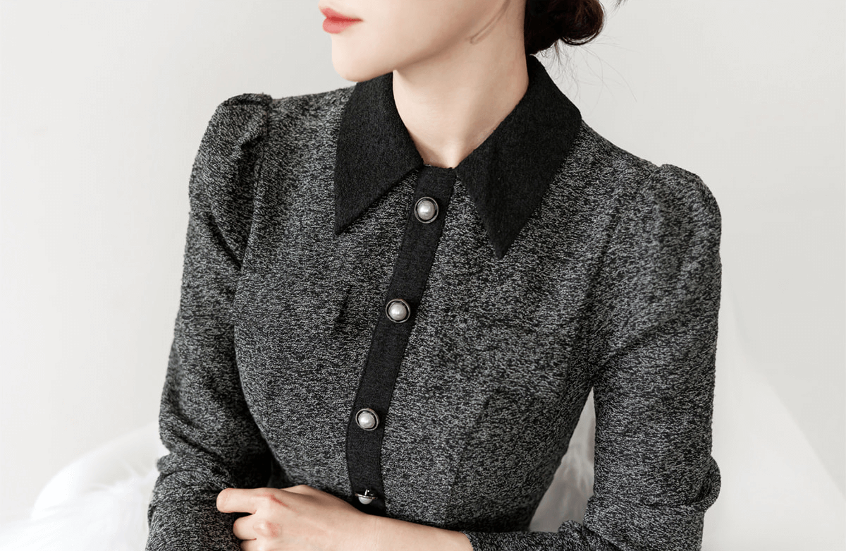 Classic Collar Elegant Tweed Dress with Belt