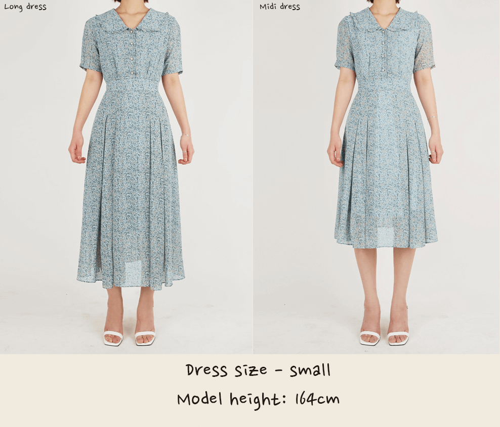 Model wearing romantic floral chiffon dress with frill collar and waist ribbon, available in long and midi styles, size small, height 164cm.
