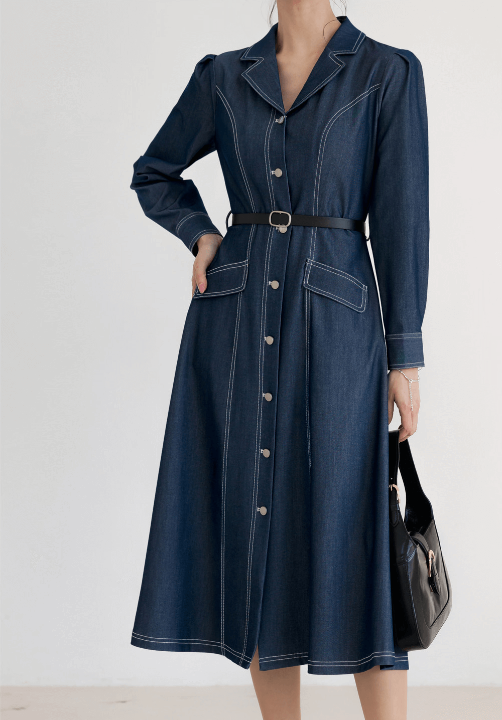 Chic Contrast-Stitch Denim Shirt Dress
