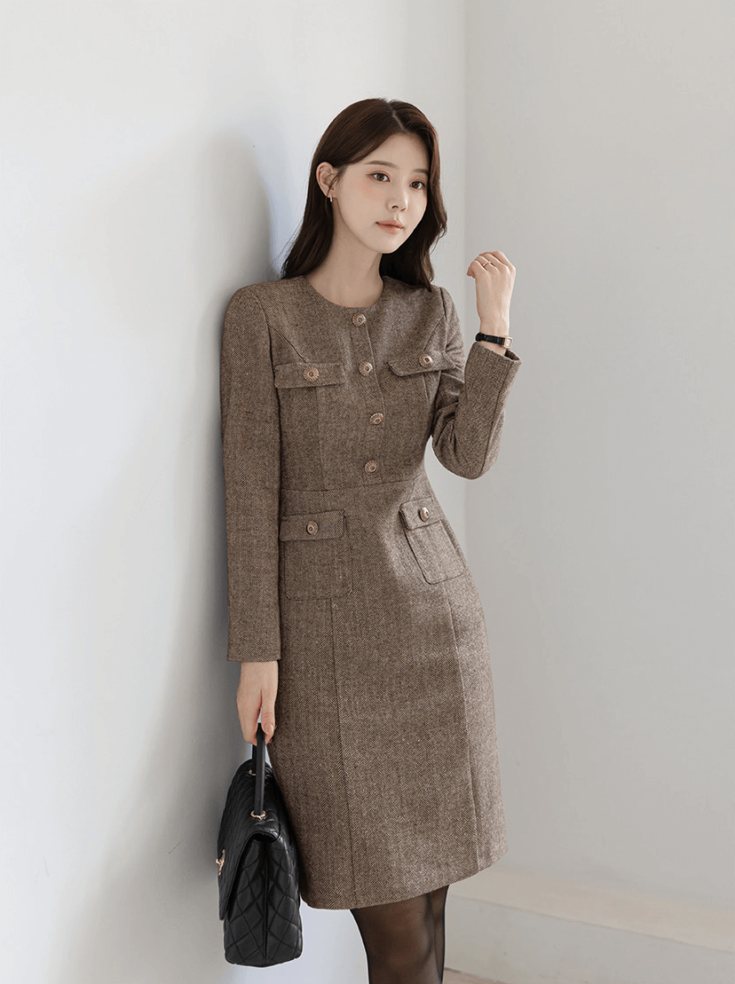 Herringbone Sheath Dress with Pockets