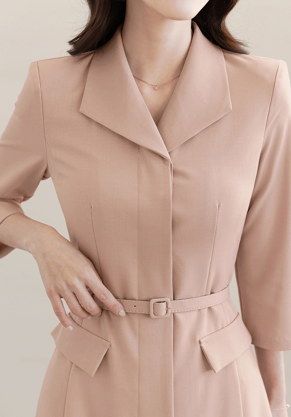 Flap-Pocket Belted Dress with Modern Sophistication