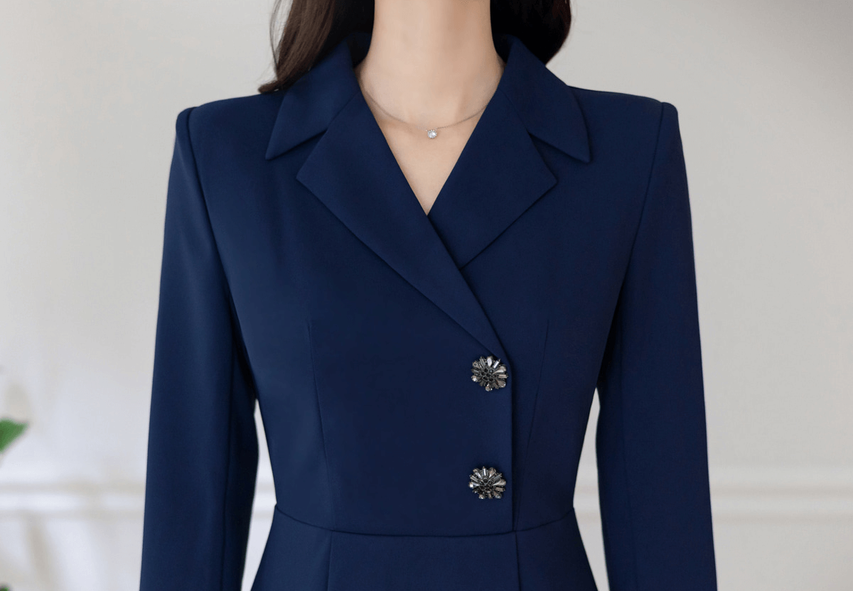 Elegant Jewel Button Flare Dress with Pintuck Detail