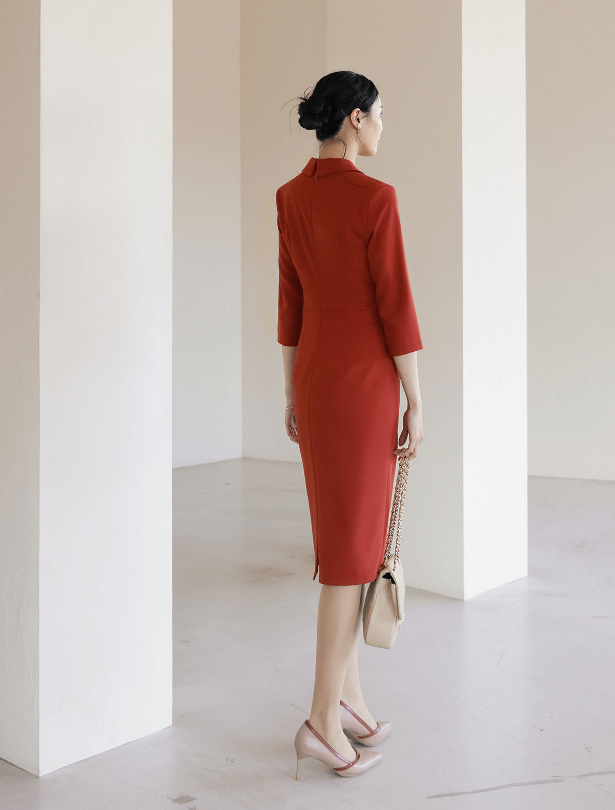 Elegant High-Waist Dress with Gold Button Accents
