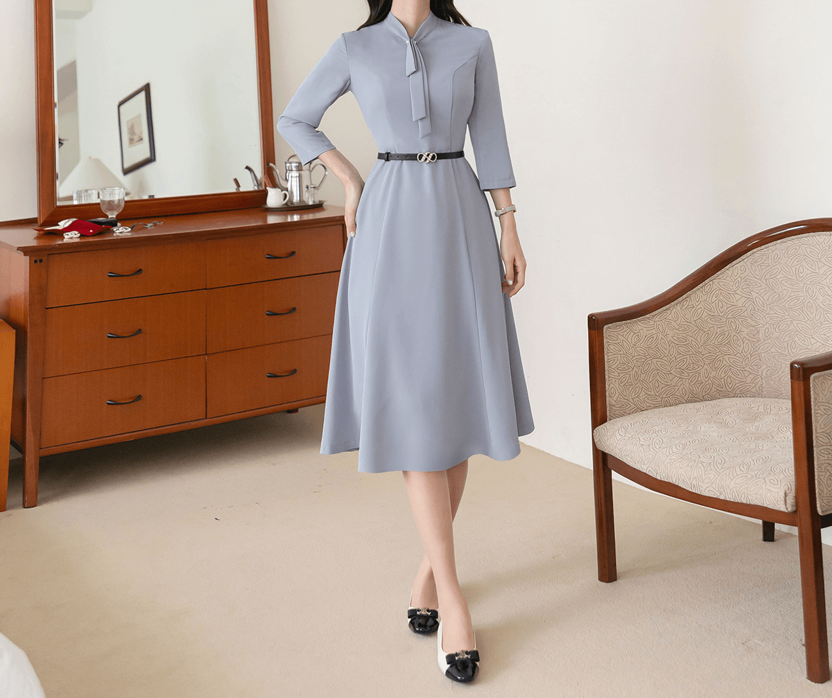 Elegant Tie-Neck Flare Dress with Belted Waist