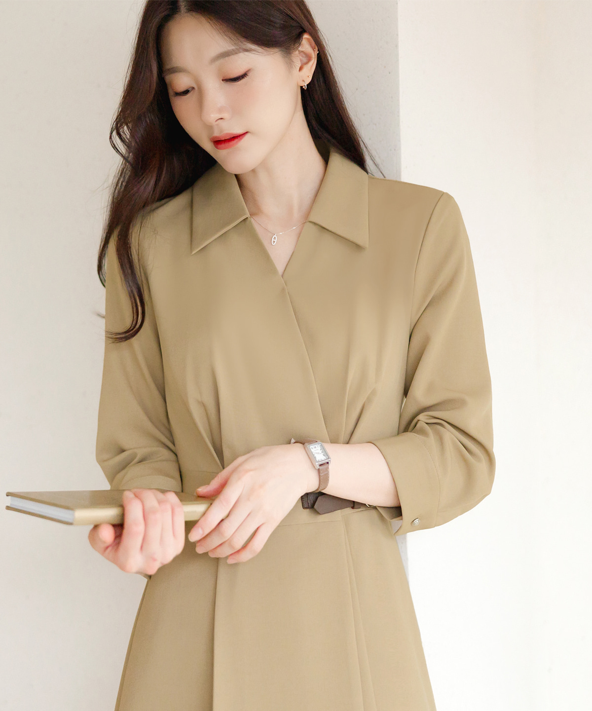 Flare Midi Dress with Collar Wrap Design and Side Mini Belt – Elegant Fit with Back Elastic Band