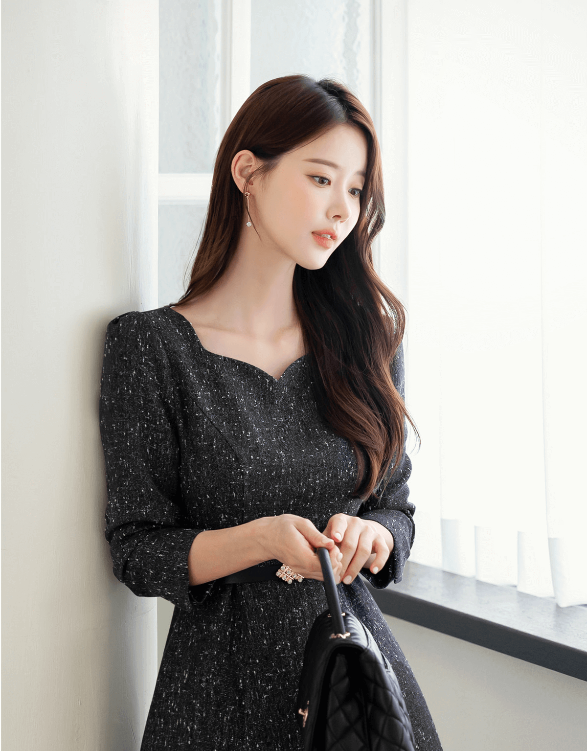 Elegant Heartneck Belted Flare Tweed Dress