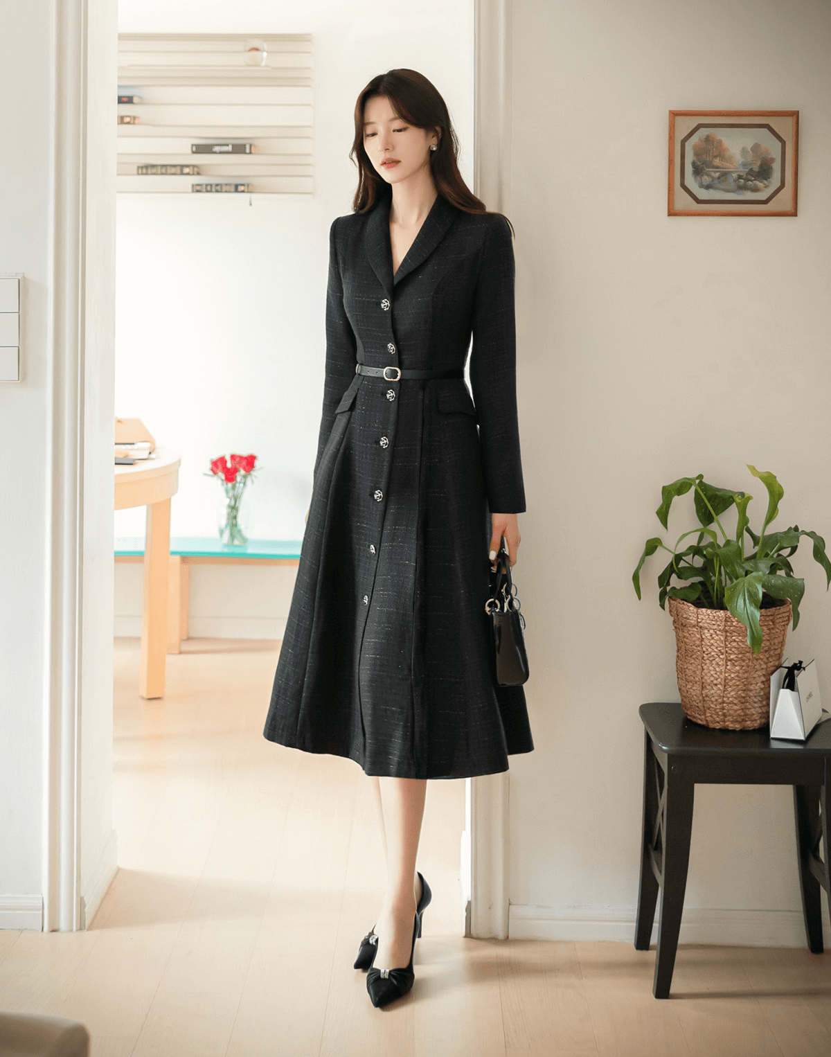 Classic Elegance Shawl Collar Tweed Shirt Dress