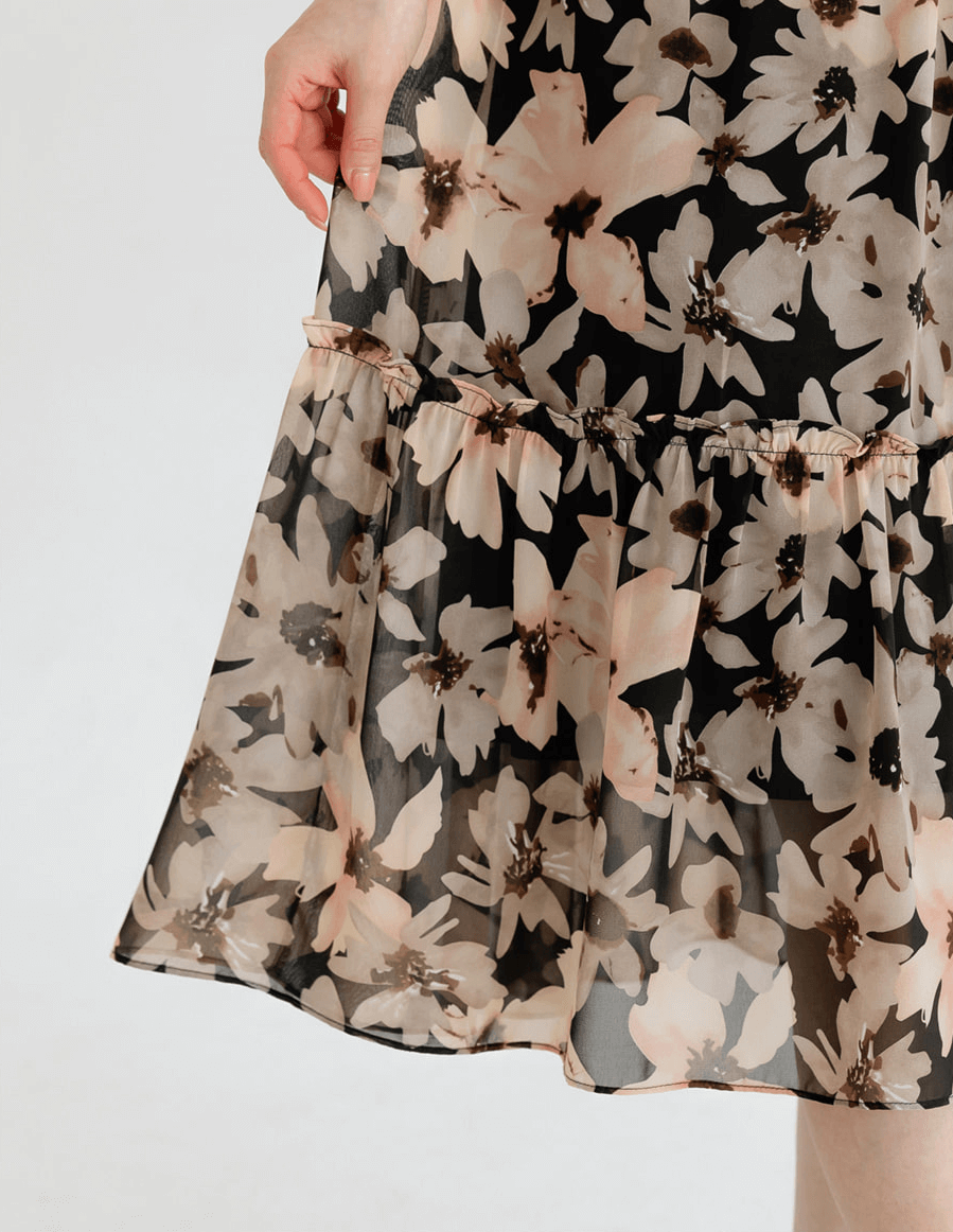 Detail of floral chiffon dress with wide flat collar and puff sleeves, showcasing delicate flower pattern and elegant design.