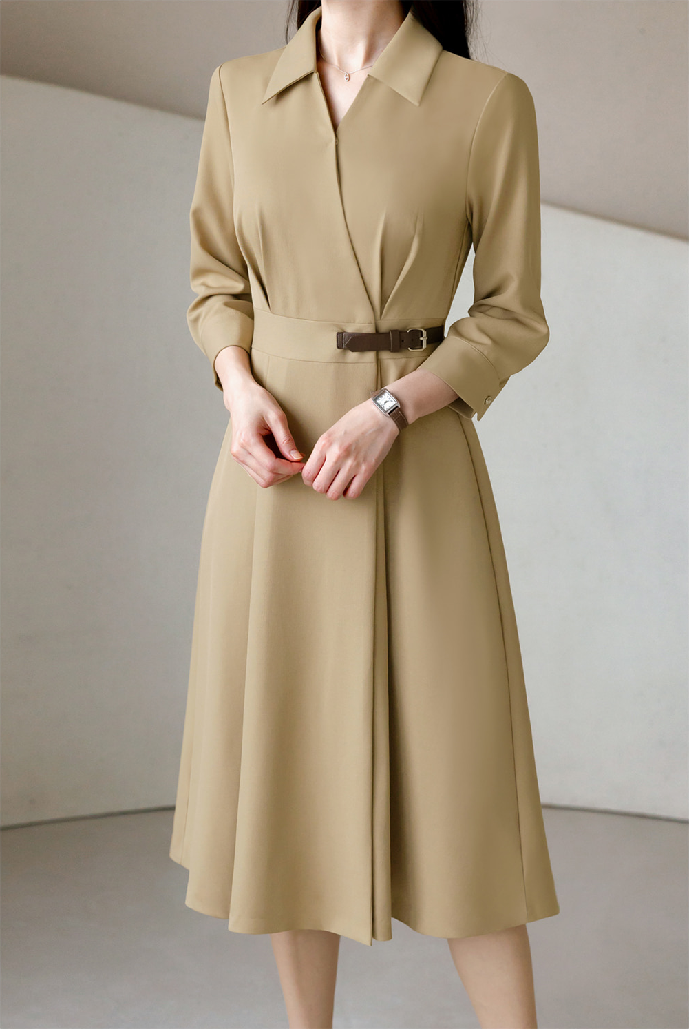 Flare Midi Dress with Collar Wrap Design and Side Mini Belt – Elegant Fit with Back Elastic Band