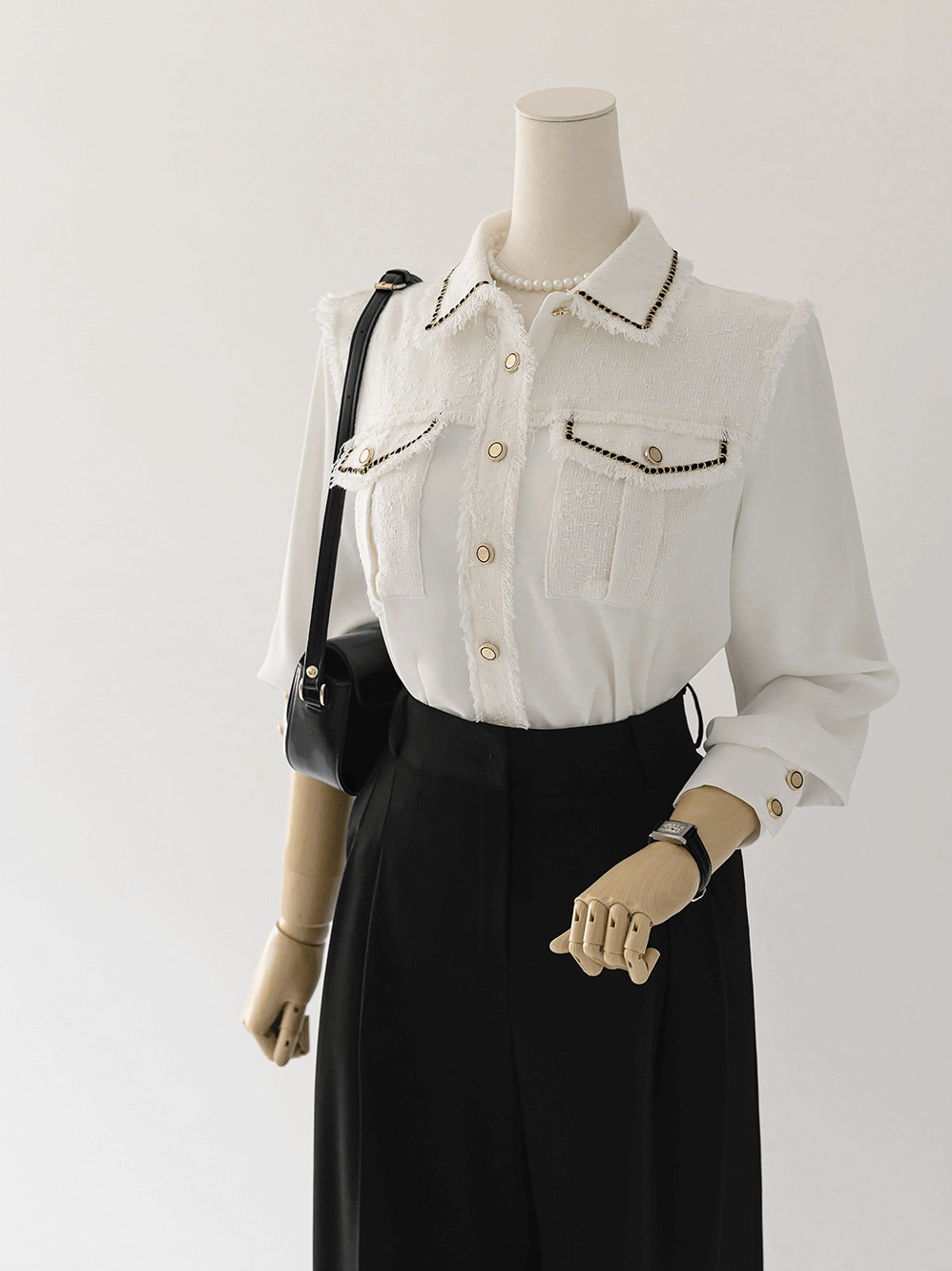 Chic Tweed Blouse with Unique Accents