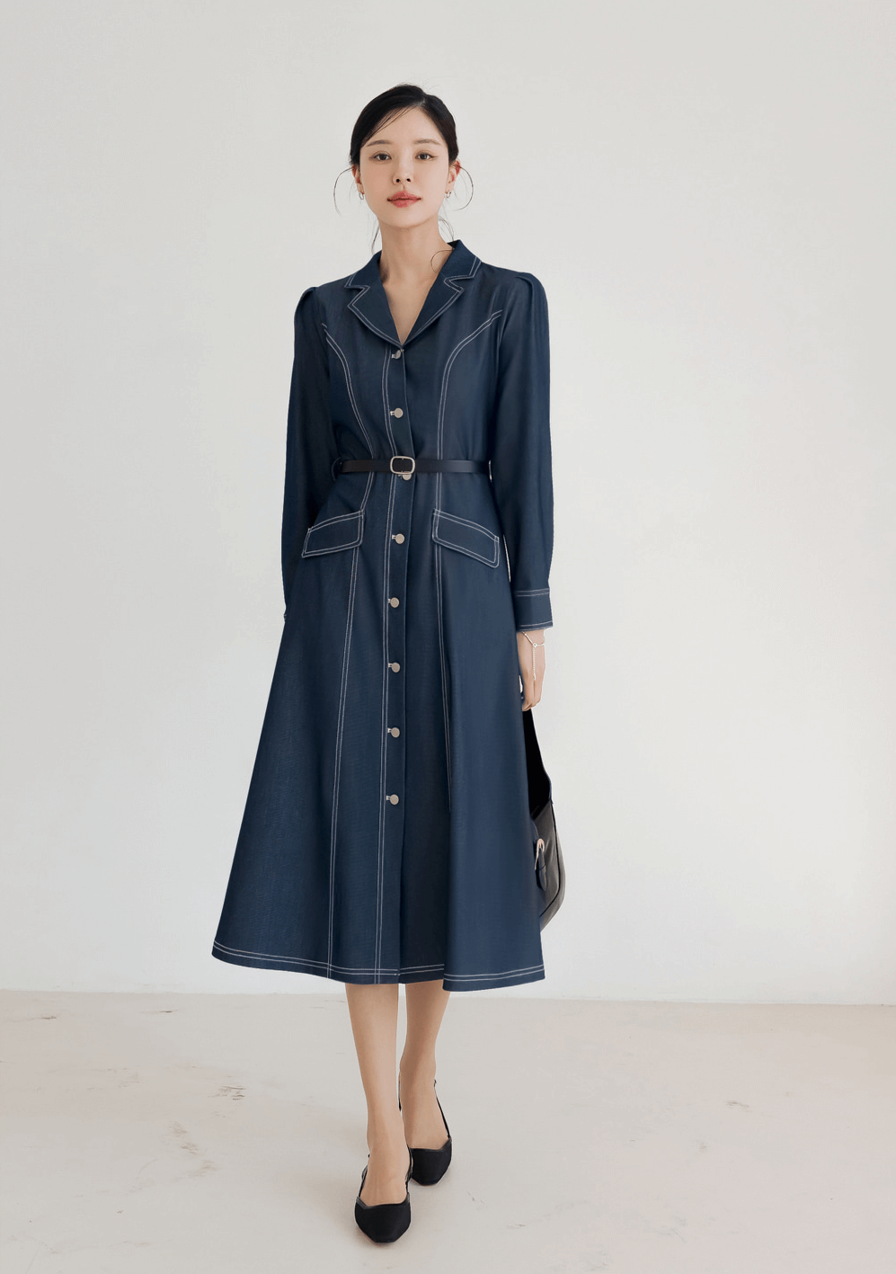 Chic Contrast-Stitch Denim Shirt Dress