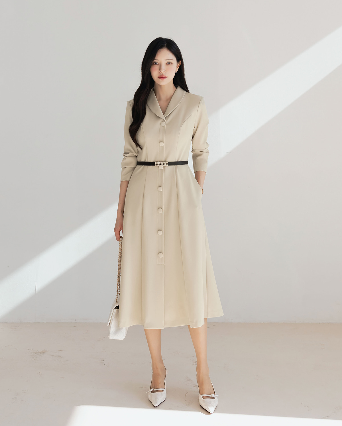 Shawl Collar Flare Midi Dress with Waist Belt – Elegant Dress for Special Occasions