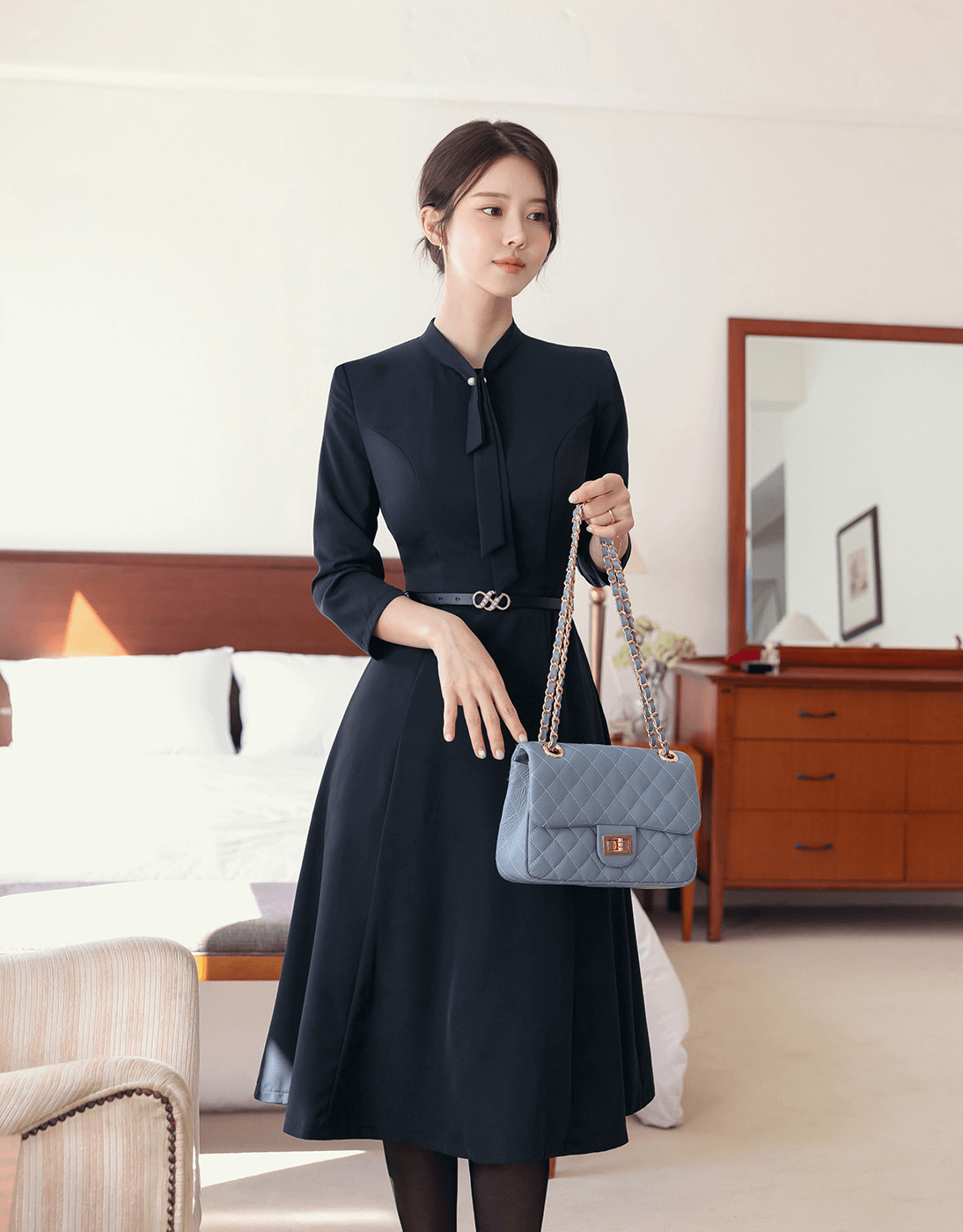 Elegant Tie-Neck Flare Dress with Belted Waist