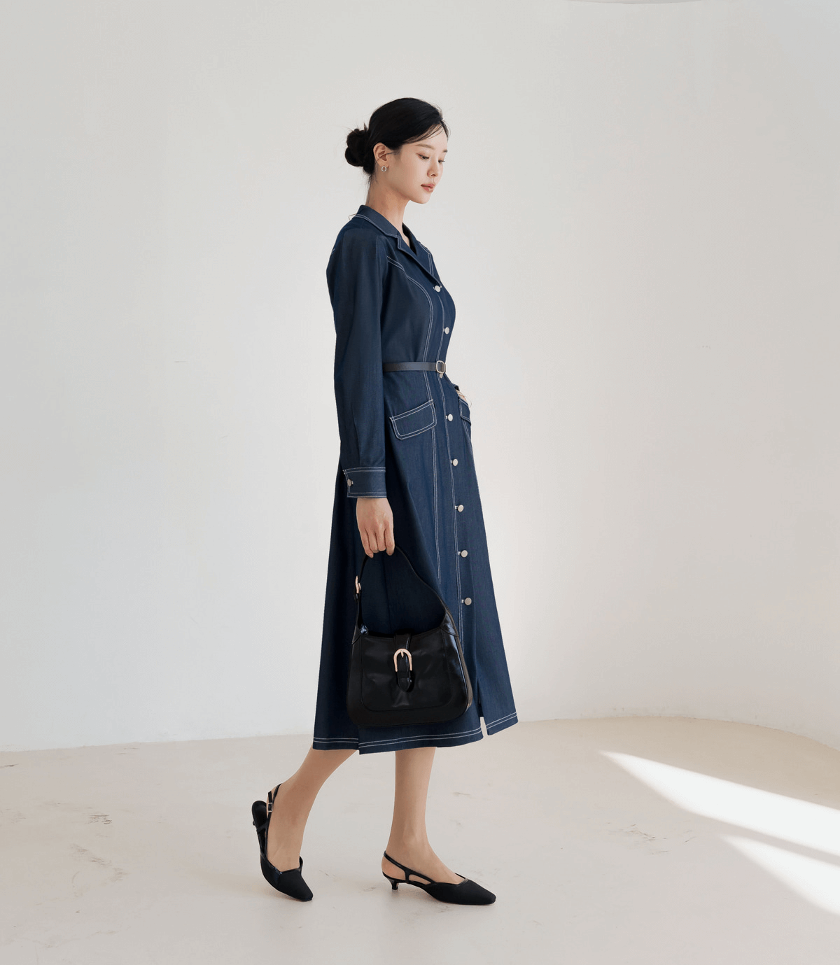 Chic Contrast-Stitch Denim Shirt Dress