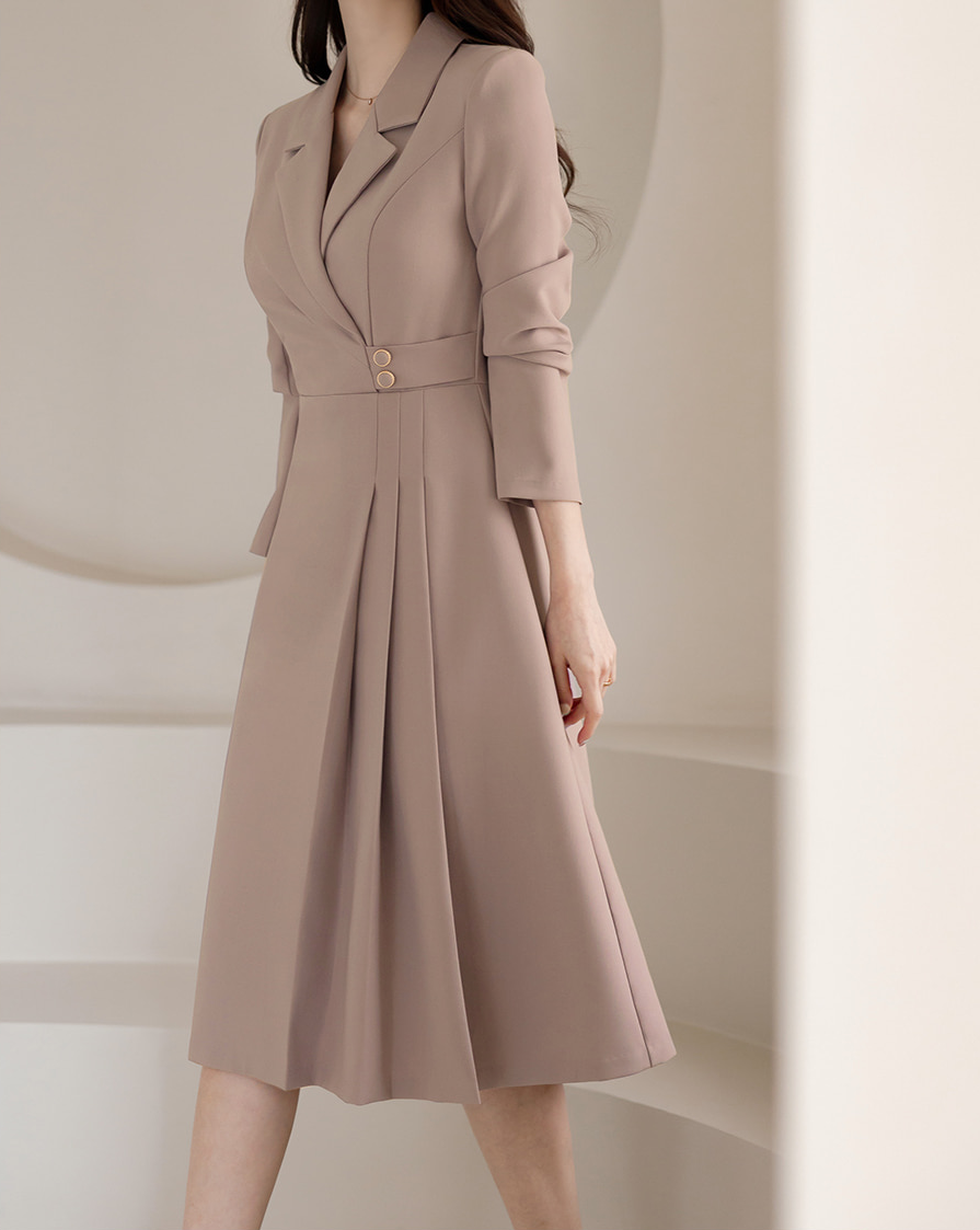 Half Pleated Midi Dress with Waist Button Detail – Elegant Korean Formal Dress for Special Occasions