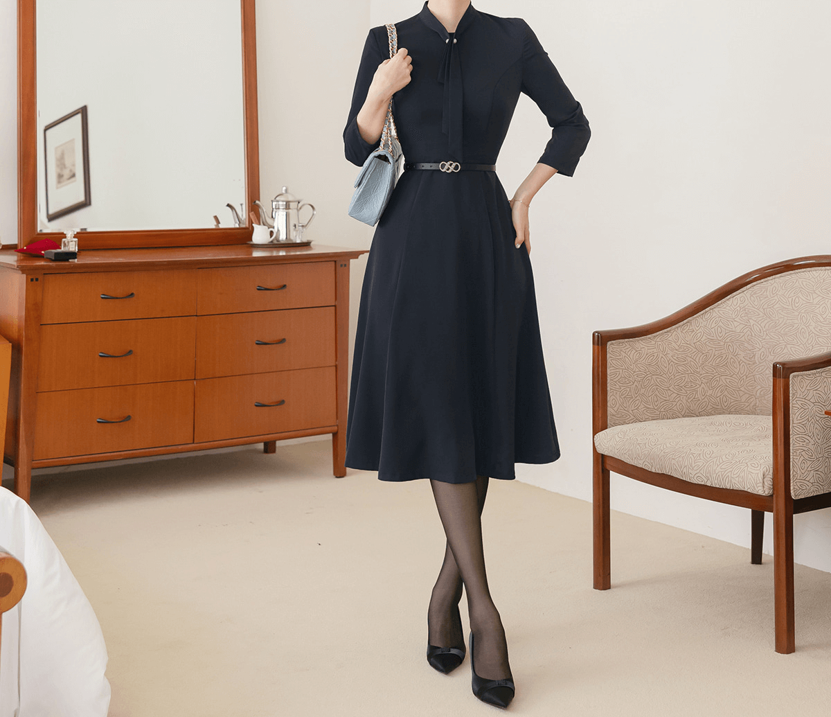 Elegant Tie-Neck Flare Dress with Belted Waist