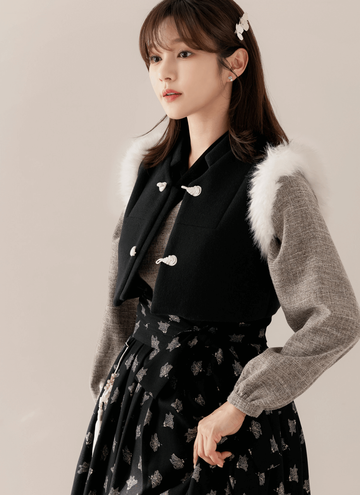 BEJA, Hanbok Warm Vest with Fur Trim and Lotus Knot Detail