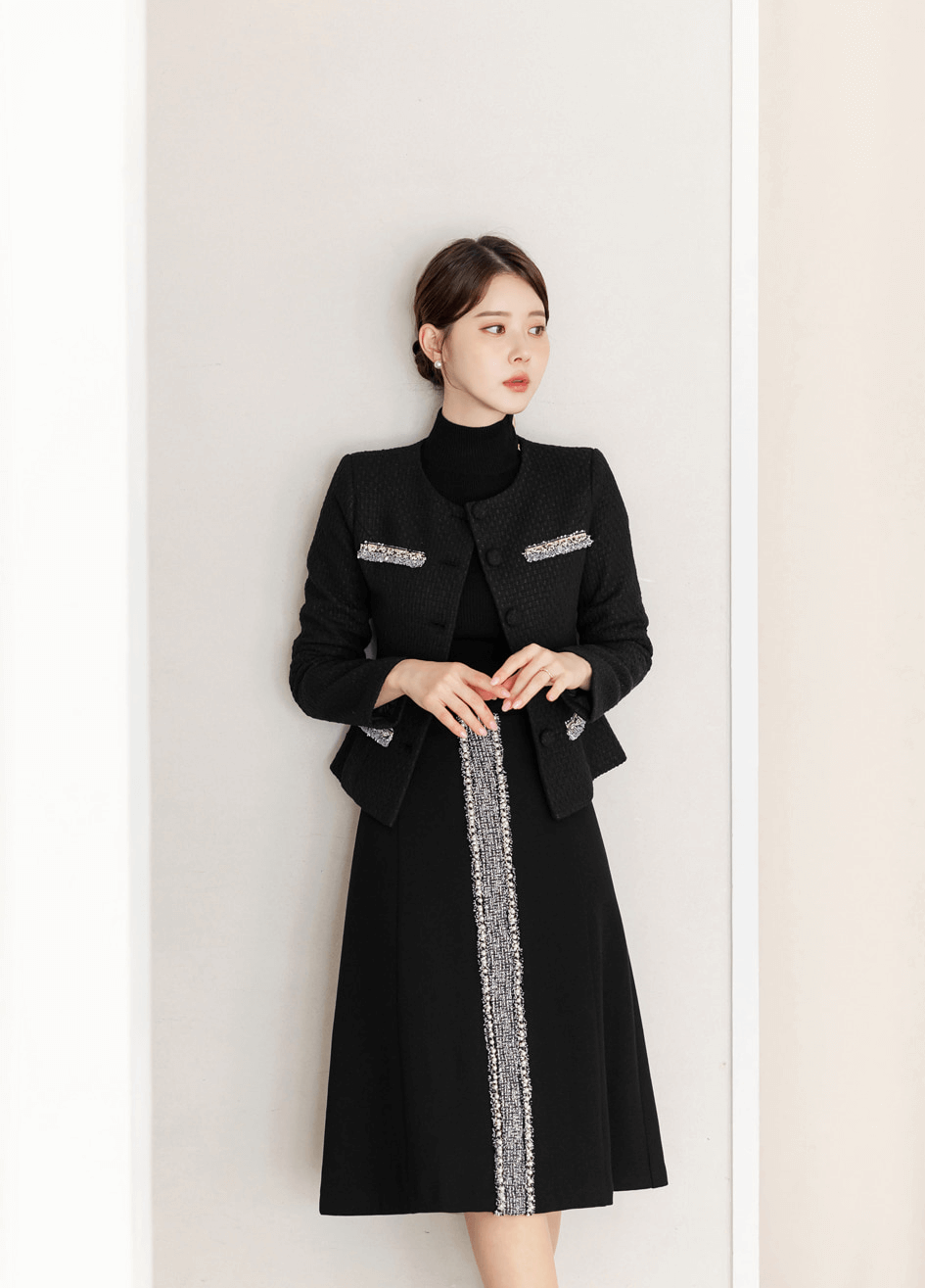 Elegant Women's Suit / No Collar Tweed Jacket Blazer and Semi-Flare Skirt