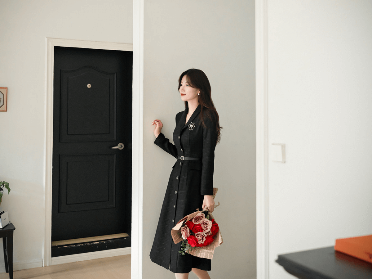 Classic Elegance Shawl Collar Tweed Shirt Dress
